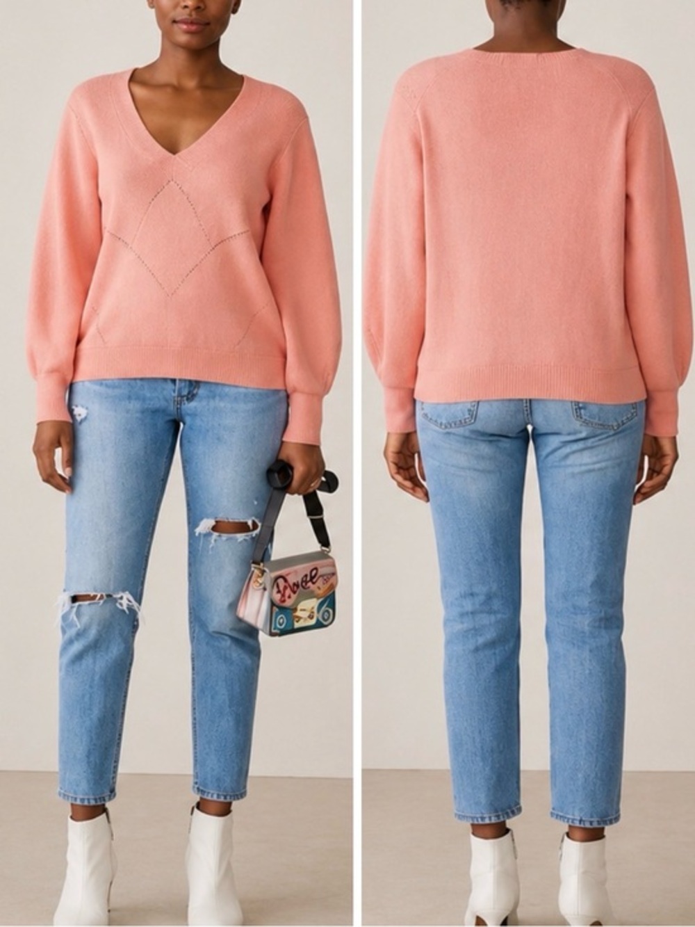 Just Female Lison Pink Knit V-Neck Puff Sleeve Ribbed Chic Casual Sweater